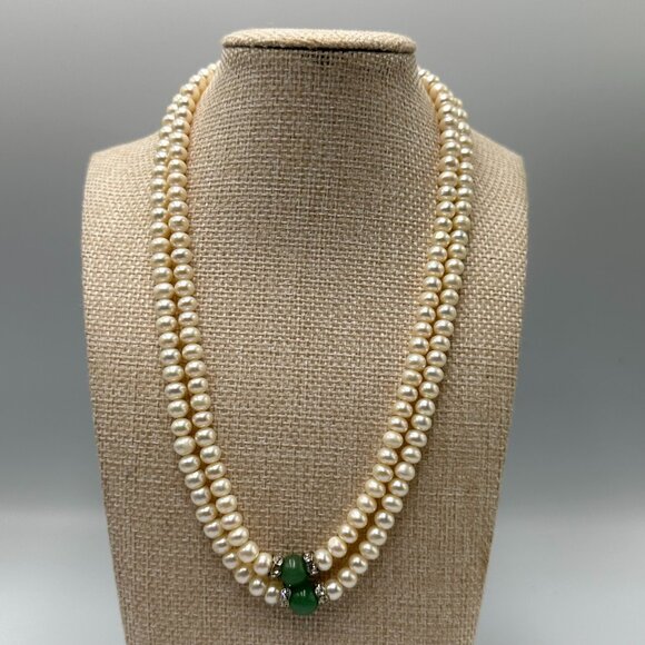 Vintage Jewelry - Vintage Faux Pearl Necklace Double Strand Green Accent 14/20 GF Clasp Elegant